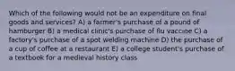 Which of the following would not be an expenditure on final goods and services? A) a farmer's purchase of a pound of hamburger B) a medical clinic's purchase of flu vaccine C) a factory's purchase of a spot welding machine D) the purchase of a cup of coffee at a restaurant E) a college student's purchase of a textbook for a medieval history class