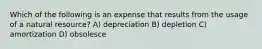 Which of the following is an expense that results from the usage of a natural resource? A) depreciation B) depletion C) amortization D) obsolesce