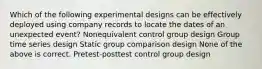 Which of the following experimental designs can be effectively deployed using company records to locate the dates of an unexpected event? Nonequivalent control group design Group time series design Static group comparison design None of the above is correct. Pretest-posttest control group design