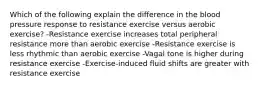 Which of the following explain the difference in the blood pressure response to resistance exercise versus aerobic exercise? -Resistance exercise increases total peripheral resistance more than aerobic exercise -Resistance exercise is less rhythmic than aerobic exercise -Vagal tone is higher during resistance exercise -Exercise-induced fluid shifts are greater with resistance exercise