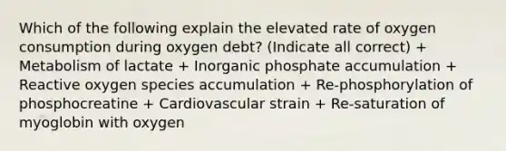 Which of the following explain the elevated rate of oxygen consumption during oxygen debt? (Indicate all correct) + Metabolism of lactate + Inorganic phosphate accumulation + Reactive oxygen species accumulation + Re-phosphorylation of phosphocreatine + Cardiovascular strain + Re-saturation of myoglobin with oxygen