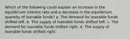 Which of the following could explain an increase in the equilibrium interest rate and a decrease in the equilibrium quantity of loanable funds? a. The demand for loanable funds shifted left. b. The supply of loanable funds shifted left. c. The demand for loanable funds shifted right. d. The supply of loanable funds shifted right.