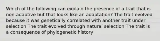 Which of the following can explain the presence of a trait that is non-adaptive but that looks like an adaptation? The trait evolved because it was genetically correlated with another trait under selection The trait evolved through natural selection The trait is a consequence of phylogenetic history