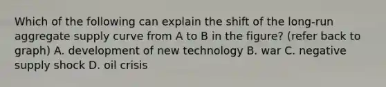 Which of the following can explain the shift of the long-run aggregate supply curve from A to B in the figure? (refer back to graph) A. development of new technology B. war C. negative supply shock D. oil crisis