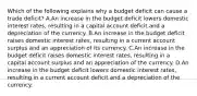 Which of the following explains why a budget deficit can cause a trade deficit? A.An increase in the budget deficit lowers domestic interest rates, resulting in a capital account deficit and a depreciation of the currency. B.An increase in the budget deficit raises domestic interest rates, resulting in a current account surplus and an appreciation of its currency. C.An increase in the budget deficit raises domestic interest rates, resulting in a capital account surplus and an appreciation of the currency. D.An increase in the budget deficit lowers domestic interest rates, resulting in a current account deficit and a depreciation of the currency.