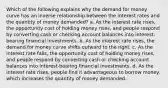 Which of the following explains why the demand for money curve has an inverse relationship between the interest rates and the quantity of money demanded? a. As the interest rate rises, the opportunity cost of holding money rises, and people respond by converting cash or checking account balances into interest-bearing financial investments. b. As the interest rate rises, the demand for money curve shifts outward to the right. c. As the interest rate falls, the opportunity cost of holding money rises, and people respond by converting cash or checking account balances into interest-bearing financial investments. d. As the interest rate rises, people find it advantageous to borrow money, which increases the quantity of money demanded.