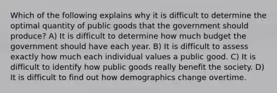 Which of the following explains why it is difficult to determine the optimal quantity of public goods that the government should produce? A) It is difficult to determine how much budget the government should have each year. B) It is difficult to assess exactly how much each individual values a public good. C) It is difficult to identify how public goods really benefit the society. D) It is difficult to find out how demographics change overtime.