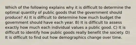 Which of the following explains why it is difficult to determine the optimal quantity of public goods that the government should produce? A) It is difficult to determine how much budget the government should have each year. B) It is difficult to assess exactly how much each individual values a public good. C) It is difficult to identify how public goods really benefit the society. D) It is difficult to find out how demographics change over time.