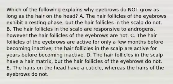 Which of the following explains why eyebrows do NOT grow as long as the hair on the head? A. The hair follicles of the eyebrows exhibit a resting phase, but the hair follicles in the scalp do not. B. The hair follicles in the scalp are responsive to androgens, however the hair follicles of the eyebrows are not. C. The hair follicles of the eyebrows are active for only a few months before becoming inactive; the hair follicles in the scalp are active for years before becoming inactive. D. The hair follicles in the scalp have a hair matrix, but the hair follicles of the eyebrows do not. E. The hairs on the head have a cuticle, whereas the hairs of the eyebrows do not.