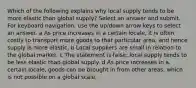 Which of the following explains why local supply tends to be more elastic than global supply? Select an answer and submit. For keyboard navigation, use the up/down arrow keys to select an answer. a As price increases in a certain locale, it is often costly to transport more goods to that particular area, and hence supply is more elastic. b Local suppliers are small in relation to the global market. c The statement is false; local supply tends to be less elastic than global supply. d As price increases in a certain locale, goods can be brought in from other areas, which is not possible on a global scale.