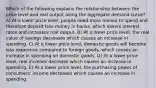 Which of the following explains the relationship between the price level and real output along the aggregate demand curve? A) At a lower price level, people need more money to spend and therefore deposit less money in banks, which lowers interest rates and increases real output. B) At a lower price level, the real value of savings decreases which causes an increase in spending. C) At a lower price level, domestic goods will become less expensive compared to foreign goods, which causes an increase in spending on domestic goods. D) At a lower price level, real incomes decrease which causes an increase in spending. E) At a lower price level, the purchasing power of consumers' income decreases which causes an increase in spending.