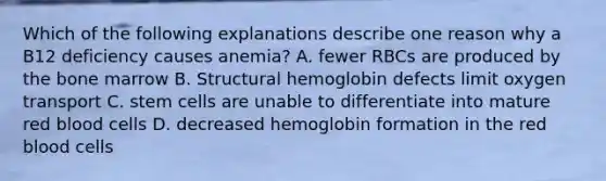 Which of the following explanations describe one reason why a B12 deficiency causes anemia? A. fewer RBCs are produced by the bone marrow B. Structural hemoglobin defects limit oxygen transport C. stem cells are unable to differentiate into mature red blood cells D. decreased hemoglobin formation in the red blood cells