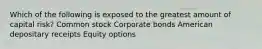 Which of the following is exposed to the greatest amount of capital risk? Common stock Corporate bonds American depositary receipts Equity options