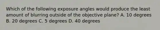 Which of the following exposure angles would produce the least amount of blurring outside of the objective plane? A. 10 degrees B. 20 degrees C. 5 degrees D. 40 degrees