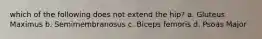 which of the following does not extend the hip? a. Gluteus Maximus b. Semimembranosus c. Biceps femoris d. Psoas Major