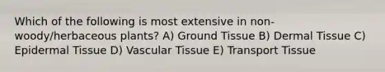 Which of the following is most extensive in non-woody/herbaceous plants? A) <a href='https://www.questionai.com/knowledge/kb0kKBaH0H-ground-tissue' class='anchor-knowledge'>ground tissue</a> B) <a href='https://www.questionai.com/knowledge/kRKdINDJId-dermal-tissue' class='anchor-knowledge'>dermal tissue</a> C) Epidermal Tissue D) <a href='https://www.questionai.com/knowledge/k1HVFq17mo-vascular-tissue' class='anchor-knowledge'>vascular tissue</a> E) Transport Tissue