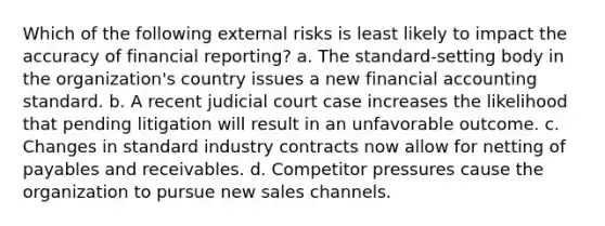 Which of the following external risks is least likely to impact the accuracy of financial reporting? a. The standard-setting body in the organization's country issues a new financial accounting standard. b. A recent judicial court case increases the likelihood that pending litigation will result in an unfavorable outcome. c. Changes in standard industry contracts now allow for netting of payables and receivables. d. Competitor pressures cause the organization to pursue new sales channels.