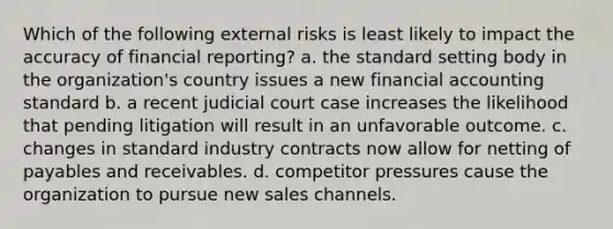 Which of the following external risks is least likely to impact the accuracy of financial reporting? a. the standard setting body in the organization's country issues a new financial accounting standard b. a recent judicial court case increases the likelihood that pending litigation will result in an unfavorable outcome. c. changes in standard industry contracts now allow for netting of payables and receivables. d. competitor pressures cause the organization to pursue new sales channels.