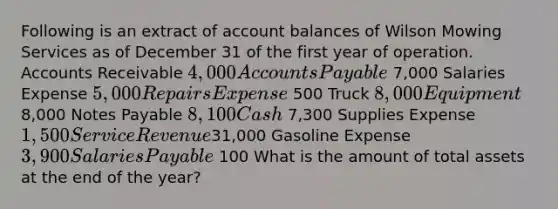 Following is an extract of account balances of Wilson Mowing Services as of December 31 of the first year of operation. Accounts Receivable 4,000 Accounts Payable 7,000 Salaries Expense 5,000 Repairs Expense 500 Truck 8,000 Equipment 8,000 Notes Payable 8,100 Cash 7,300 Supplies Expense 1,500 Service Revenue31,000 Gasoline Expense 3,900 Salaries Payable 100 What is the amount of total assets at the end of the​ year?