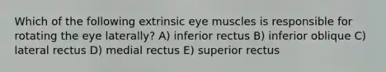 Which of the following extrinsic eye muscles is responsible for rotating the eye laterally? A) inferior rectus B) inferior oblique C) lateral rectus D) medial rectus E) superior rectus