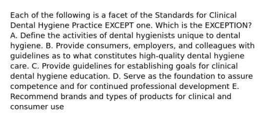 Each of the following is a facet of the Standards for Clinical Dental Hygiene Practice EXCEPT one. Which is the EXCEPTION? A. Define the activities of dental hygienists unique to dental hygiene. B. Provide consumers, employers, and colleagues with guidelines as to what constitutes high-quality dental hygiene care. C. Provide guidelines for establishing goals for clinical dental hygiene education. D. Serve as the foundation to assure competence and for continued professional development E. Recommend brands and types of products for clinical and consumer use