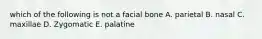 which of the following is not a facial bone A. parietal B. nasal C. maxillae D. Zygomatic E. palatine