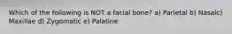 Which of the following is NOT a facial bone? a) Parietal b) Nasalc) Maxillae d) Zygomatic e) Palatine