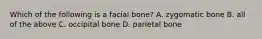 Which of the following is a facial bone? A. zygomatic bone B. all of the above C. occipital bone D. parietal bone