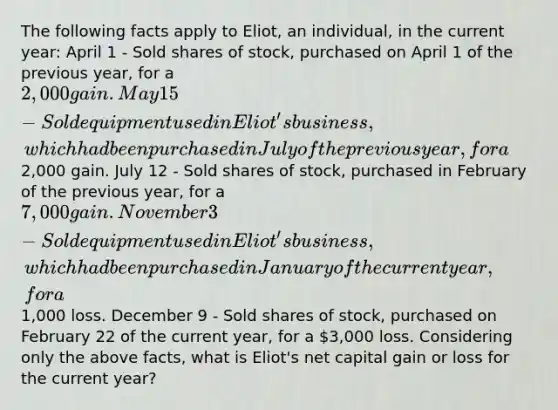 The following facts apply to Eliot, an individual, in the current year: April 1 - Sold shares of stock, purchased on April 1 of the previous year, for a 2,000 gain. May 15 - Sold equipment used in Eliot's business, which had been purchased in July of the previous year, for a2,000 gain. July 12 - Sold shares of stock, purchased in February of the previous year, for a 7,000 gain. November 3 - Sold equipment used in Eliot's business, which had been purchased in January of the current year, for a1,000 loss. December 9 - Sold shares of stock, purchased on February 22 of the current year, for a 3,000 loss. Considering only the above facts, what is Eliot's net capital gain or loss for the current year?