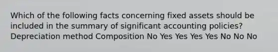 Which of the following facts concerning fixed assets should be included in the summary of significant accounting policies? Depreciation method Composition No Yes Yes Yes Yes No No No