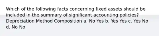 Which of the following facts concerning fixed assets should be included in the summary of significant accounting policies? Depreciation Method Composition a. No Yes b. Yes Yes c. Yes No d. No No