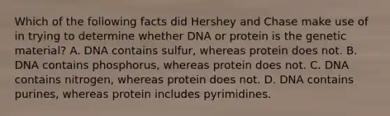 Which of the following facts did Hershey and Chase make use of in trying to determine whether DNA or protein is the genetic material? A. DNA contains sulfur, whereas protein does not. B. DNA contains phosphorus, whereas protein does not. C. DNA contains nitrogen, whereas protein does not. D. DNA contains purines, whereas protein includes pyrimidines.