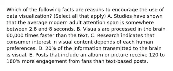 Which of the following facts are reasons to encourage the use of data visualization? (Select all that apply) A. Studies have shown that the average modern adult attention span is somewhere between 2.8 and 8 seconds. B. Visuals are processed in the brain 60,000 times faster than the text. C. Research indicates that consumer interest in visual content depends of each human preferences. D. 20% of the information transmitted to the brain is visual. E. Posts that include an album or picture receive 120 to 180% more engagement from fans than text-based posts.