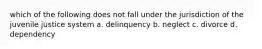 which of the following does not fall under the jurisdiction of the juvenile justice system a. delinquency b. neglect c. divorce d. dependency