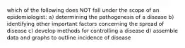 which of the following does NOT fall under the scope of an epidemiologist: a) determining the pathogenesis of a disease b) identifying other important factors concerning the spread of disease c) develop methods for controlling a disease d) assemble data and graphs to outline incidence of disease