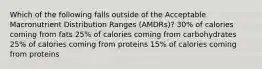 Which of the following falls outside of the Acceptable Macronutrient Distribution Ranges (AMDRs)? 30% of calories coming from fats 25% of calories coming from carbohydrates 25% of calories coming from proteins 15% of calories coming from proteins