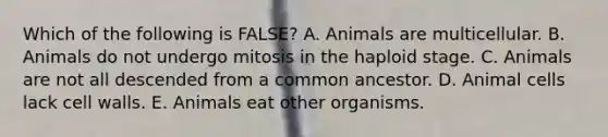 Which of the following is FALSE? A. Animals are multicellular. B. Animals do not undergo mitosis in the haploid stage. C. Animals are not all descended from a common ancestor. D. Animal cells lack cell walls. E. Animals eat other organisms.