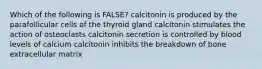 Which of the following is FALSE? calcitonin is produced by the parafollicular cells of the thyroid gland calcitonin stimulates the action of osteoclasts calcitonin secretion is controlled by blood levels of calcium calcitonin inhibits the breakdown of bone extracellular matrix