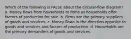 Which of the following is FALSE about the circular-flow diagram? a. Money flows from households to firms as households offer factors of production for sale. b. Firms are the primary suppliers of goods and services. c. Money flows in the direction opposite to goods and services and factors of production. d. Households are the primary demanders of goods and services.