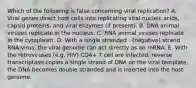 Which of the following is false concerning viral replication? A. Viral genes direct host cells into replicating viral nucleic acids, capsid proteins, and viral enzymes (if present). B. DNA animal viruses replicate in the nucleus. C. RNA animal viruses replicate in the cytoplasm. D. With a single stranded - (negative) strand RNA virus, the viral genome can act directly as an mRNA. E. With the retroviruses (e.g. HIV) CD4+ T cell are infected, reverse transcriptase copies a single strand of DNA on the viral template, the DNA becomes double stranded and is inserted into the host genome.