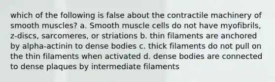 which of the following is false about the contractile machinery of smooth muscles? a. Smooth muscle cells do not have myofibrils, z-discs, sarcomeres, or striations b. thin filaments are anchored by alpha-actinin to dense bodies c. thick filaments do not pull on the thin filaments when activated d. dense bodies are connected to dense plaques by intermediate filaments