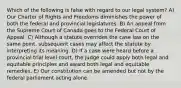 Which of the following is false with regard to our legal system? A) Our Charter of Rights and Freedoms diminishes the power of both the federal and provincial legislatures. B) An appeal from the Supreme Court of Canada goes to the Federal Court of Appeal. C) Although a statute overrides the case law on the same point, subsequent cases may affect the statute by interpreting its meaning. D) If a case were heard before a provincial trial level court, the judge could apply both legal and equitable principles and award both legal and equitable remedies. E) Our constitution can be amended but not by the federal parliament acting alone.