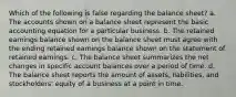 Which of the following is false regarding the balance sheet? a. The accounts shown on a balance sheet represent the basic accounting equation for a particular business. b. The retained earnings balance shown on the balance sheet must agree with the ending retained earnings balance shown on the statement of retained earnings. c. The balance sheet summarizes the net changes in specific account balances over a period of time. d. The balance sheet reports the amount of assets, liabilities, and stockholders' equity of a business at a point in time.