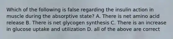 Which of the following is false regarding the insulin action in muscle during the absorptive state? A. There is net amino acid release B. There is net glycogen synthesis C. There is an increase in glucose uptake and utilization D. all of the above are correct