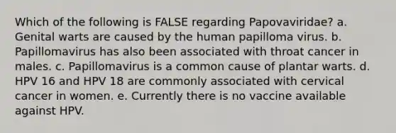 Which of the following is FALSE regarding Papovaviridae? a. Genital warts are caused by the human papilloma virus. b. Papillomavirus has also been associated with throat cancer in males. c. Papillomavirus is a common cause of plantar warts. d. HPV 16 and HPV 18 are commonly associated with cervical cancer in women. e. Currently there is no vaccine available against HPV.