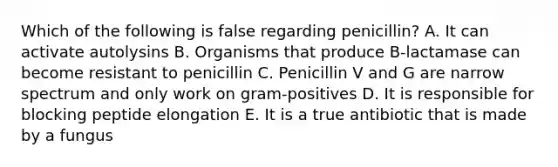 Which of the following is false regarding penicillin? A. It can activate autolysins B. Organisms that produce B-lactamase can become resistant to penicillin C. Penicillin V and G are narrow spectrum and only work on gram-positives D. It is responsible for blocking peptide elongation E. It is a true antibiotic that is made by a fungus