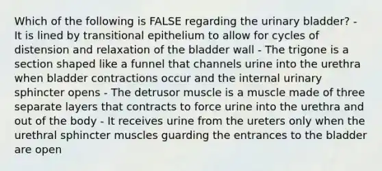 Which of the following is FALSE regarding the urinary bladder? - It is lined by transitional epithelium to allow for cycles of distension and relaxation of the bladder wall - The trigone is a section shaped like a funnel that channels urine into the urethra when bladder contractions occur and the internal urinary sphincter opens - The detrusor muscle is a muscle made of three separate layers that contracts to force urine into the urethra and out of the body - It receives urine from the ureters only when the urethral sphincter muscles guarding the entrances to the bladder are open