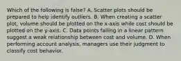 Which of the following is false​? A. Scatter plots should be prepared to help identify outliers. B. When creating a scatter​ plot, volume should be plotted on the​ x-axis while cost should be plotted on the​ y-axis. C. Data points falling in a linear pattern suggest a weak relationship between cost and volume. D. When performing account​ analysis, managers use their judgment to classify cost behavior.