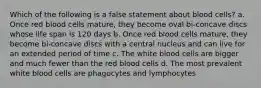 Which of the following is a false statement about blood cells? a. Once red blood cells mature, they become oval bi-concave discs whose life span is 120 days b. Once red blood cells mature, they become bi-concave discs with a central nucleus and can live for an extended period of time c. The white blood cells are bigger and much fewer than the red blood cells d. The most prevalent white blood cells are phagocytes and lymphocytes