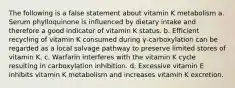 The following is a false statement about vitamin K metabolism a. Serum phylloquinone is influenced by dietary intake and therefore a good indicator of vitamin K status. b. Efficient recycling of vitamin K consumed during γ-carboxylation can be regarded as a local salvage pathway to preserve limited stores of vitamin K. c. Warfarin interferes with the vitamin K cycle resulting in carboxylation inhibition. d. Excessive vitamin E inhibits vitamin K metabolism and increases vitamin K excretion.